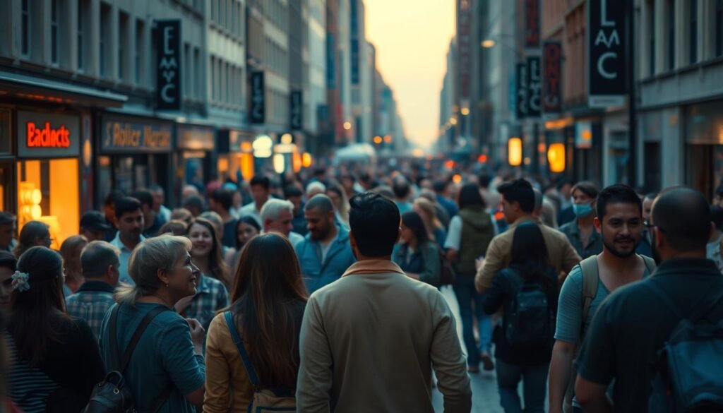A crowded city street, illuminated by warm evening light, with various groups of people interacting and influencing one another. In the foreground, a small cluster of individuals engaged in animated discussion, gesturing and making eye contact. In the middle ground, a larger group following the lead of a charismatic figure, their bodies turned towards the central figure. In the background, a diverse array of pedestrians, some walking alone, others in pairs or groups, reflecting the ebb and flow of social dynamics. The scene conveys the complex interplay of individual agency and the powerful pull of group conformity.