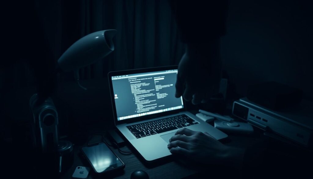 A dark, dimly-lit room with a laptop, smartphone, and various digital devices scattered across a cluttered desk. Sinister shadows creep across the screen, hinting at hidden surveillance and data-mining. A figure's hand hovers over the keyboard, fingers poised to infiltrate private digital spaces. The atmosphere exudes a sense of unease and violation, as if the viewer is being watched, their every move scrutinized by an unseen presence. The lighting is harsh, creating deep shadows and stark contrasts, emphasizing the cold, impersonal nature of this technological intrusion. An ominous, foreboding mood pervades the scene, reflecting the dangers of digital stalking in the modern, hyper-connected world.