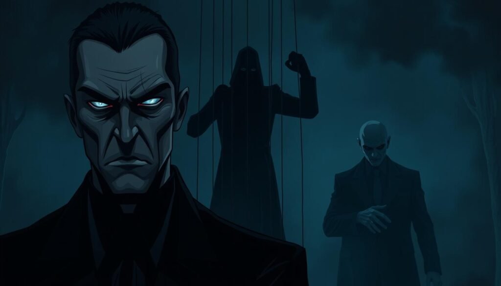 A dark, moody illustration depicting the three core traits of the Dark Triad personality: narcissism, Machiavellianism, and psychopathy. In the foreground, a brooding figure with a sharp, angular face and piercing gaze, representing narcissism. In the middle ground, a shadowy silhouette manipulating strings like a puppeteer, embodying Machiavellianism. In the background, a sinister, unfeeling presence exuding a sense of callousness and lack of empathy, symbolizing psychopathy. The scene is illuminated by a cold, dim light, creating an atmosphere of unease and psychological disturbance.