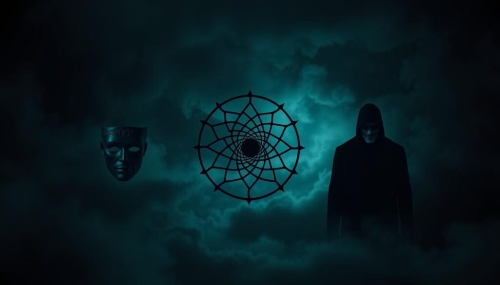 A dark, ominous backdrop with swirling clouds and a moody, chiaroscuro lighting. In the foreground, three distinct symbols representing the core components of the Dark Triad: a mask of narcissism, a web of Machiavellianism, and the shadow of psychopathy. The symbols are rendered in a sinister, almost occult-like style, conveying the unsettling nature of these personality traits. The composition is balanced, with the three elements strategically placed to create a sense of tension and unease. The overall tone is one of foreboding, hinting at the potential dangers of the Dark Triad in the workplace and beyond.