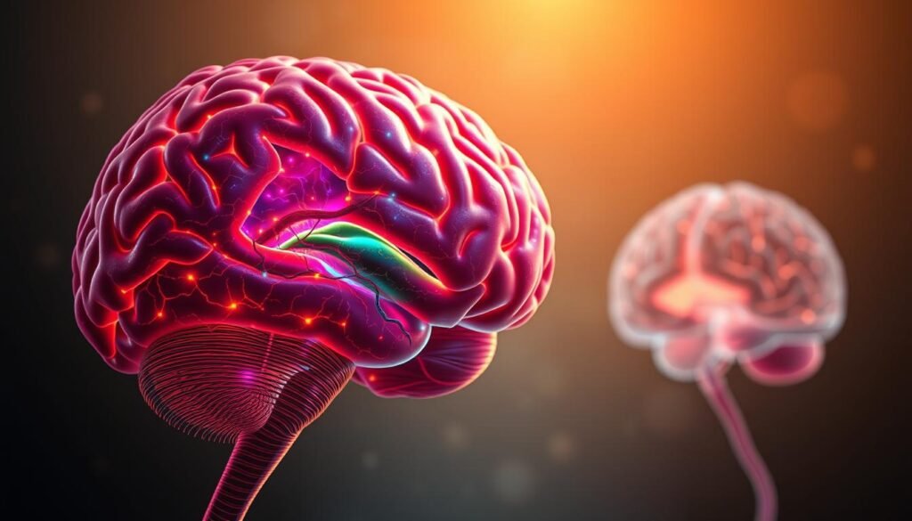 A detailed cross-section of the human brain, illuminating the neurobiology underlying ADHD. The foreground features a vivid rendering of the prefrontal cortex, hippocampus, and basal ganglia, with intricate neural pathways and neurotransmitter activity highlighted in vibrant colors. The middle ground showcases the brain's limbic system, including the amygdala and thalamus, which play crucial roles in emotional regulation and attention. In the background, a sophisticated rendering of the cerebellum and brainstem, areas associated with motor control and executive function, provides context. The scene is bathed in a soft, warm light, creating a serene, contemplative atmosphere that invites the viewer to explore the complex interplay of neurological processes underlying the ADHD experience.
