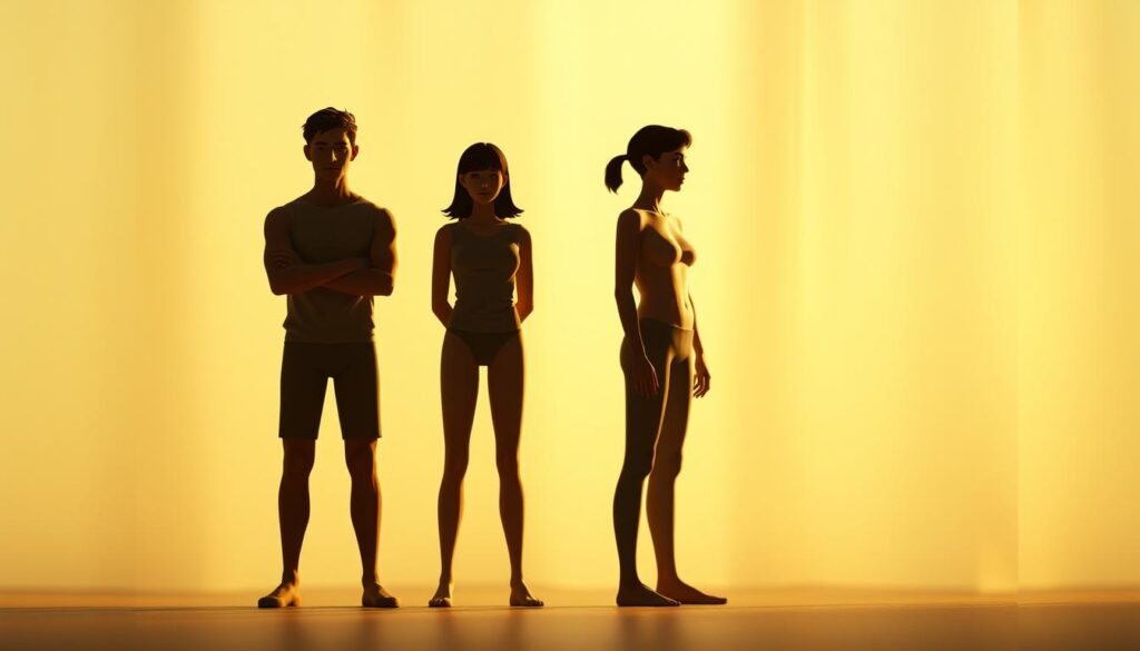 A detailed illustration of four attachment styles - secure, anxious, avoidant, and disorganized. In the foreground, four distinct human figures stand against a soft, blurred background. Each figure has a unique posture and facial expression, conveying their attachment style. Warm, muted lighting casts subtle shadows, creating a contemplative atmosphere. The scene is captured with a shallow depth of field, gently guiding the viewer's focus to the central figures. The overall composition suggests the nuanced and interconnected nature of attachment styles in human relationships. A detailed illustration of four attachment styles - secure, anxious, avoidant, and disorganized. In the foreground, four distinct human figures stand against a soft, blurred background. Each figure has a unique posture and facial expression, conveying their attachment style. Warm, muted lighting casts subtle shadows, creating a contemplative atmosphere. The scene is captured with a shallow depth of field, gently guiding the viewer's focus to the central figures. The overall composition suggests the nuanced and interconnected nature of attachment styles in human relationships.