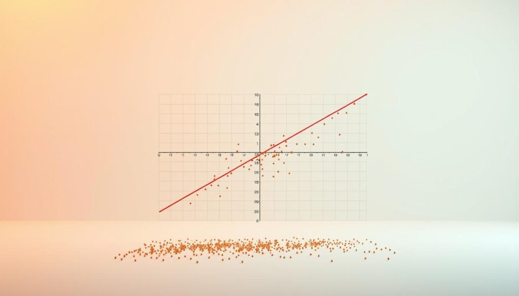 A detailed scientific diagram depicting the visual representation of the correlation coefficient. In the foreground, a scatter plot of data points with a clear linear trend, conveying the relationship between two variables. The points are rendered with a soft, muted color palette, allowing the pattern to emerge organically. In the middle ground, a bold, geometric grid overlays the scatter plot, providing a sense of structure and measurement. The grid lines are crisp and precise, with subtle tick marks and numerical labels, hinting at the quantitative nature of the analysis. In the background, a clean, minimalist environment with a soft, neutral color scheme, allowing the core visual elements to take center stage. Warm, directional lighting casts subtle shadows, adding depth and dimensionality to the overall composition. The entire scene has a balanced, elegant aesthetic, reflecting the precise and insightful nature of the correlation coefficient.