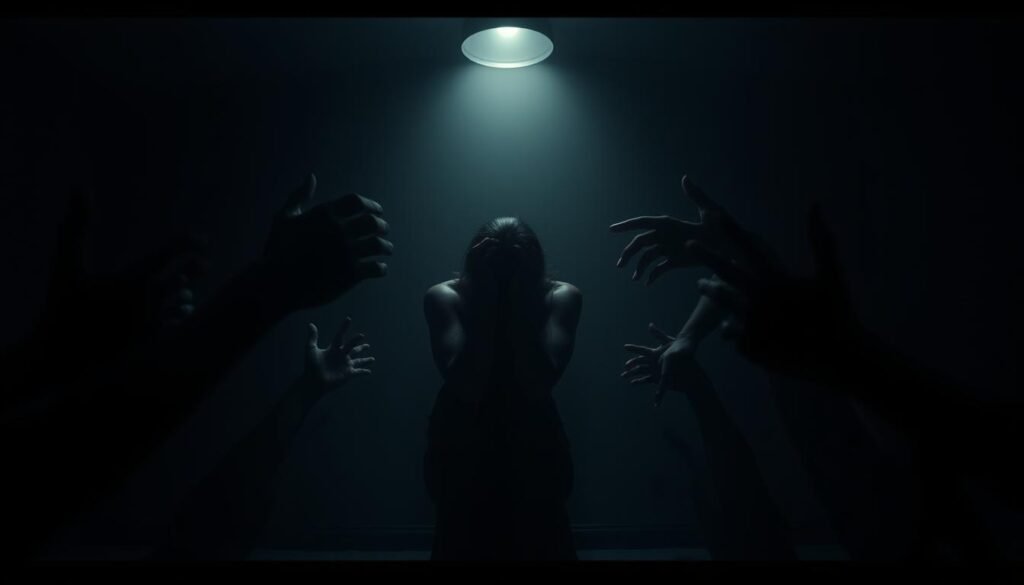 A dimly lit, claustrophobic room, the walls closing in. Shadows cast by a single overhead light, creating an oppressive atmosphere. In the center, a figure hunched and trembling, their body language conveying a sense of helplessness and despair. Surrounding them, a swirl of ominous, disembodied hands reaching out, grasping and manipulating, a metaphorical representation of the psychological abuse endured. The lighting is harsh, creating deep, unsettling shadows that emphasize the subject's isolation and the sense of being trapped. The color palette is muted, with shades of grey and black dominating, reflecting the bleak and heavy emotional state. The overall composition evokes a sense of psychological torment and the devastating impact of coercive control.