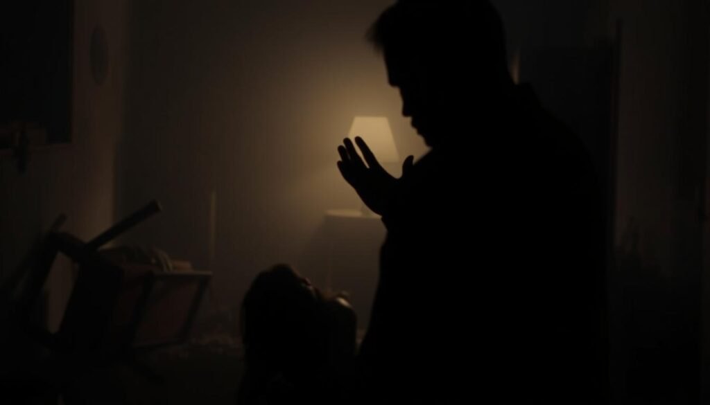 A dimly lit domestic scene, the air thick with tension. In the foreground, a man's silhouette looms over a cowering woman, his hands raised in a threatening gesture. The woman's face is obscured, conveying her fear and anguish. In the middle ground, the sparse furnishings – a broken chair, overturned table – hint at the violence that has occurred. The background is hazy, casting an oppressive, claustrophobic atmosphere, as if the walls are closing in. The lighting is low and dramatic, casting deep shadows that conceal and distort, heightening the sense of vulnerability and dread. The overall composition evokes a sense of unease and the hidden, insidious nature of domestic abuse.