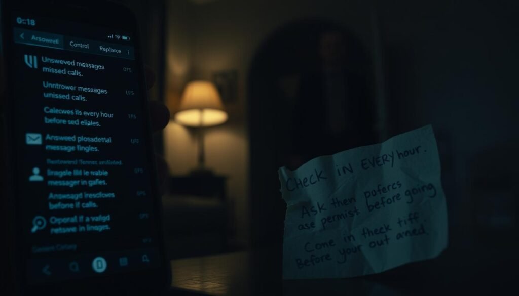 A dimly lit room, shadows casting an ominous atmosphere. In the foreground, a phone screen displays unanswered messages, missed calls, and a stream of controlling messages. In the middle ground, a crumpled note with scribbled reminders - "check in every hour," "ask permission before going out." The background slowly fades into a blurred figure, looming and menacing, exuding a sense of constant surveillance and fear. The lighting is dramatic, with a single lamp casting harsh shadows, highlighting the signs of coercive control that permeate the scene.