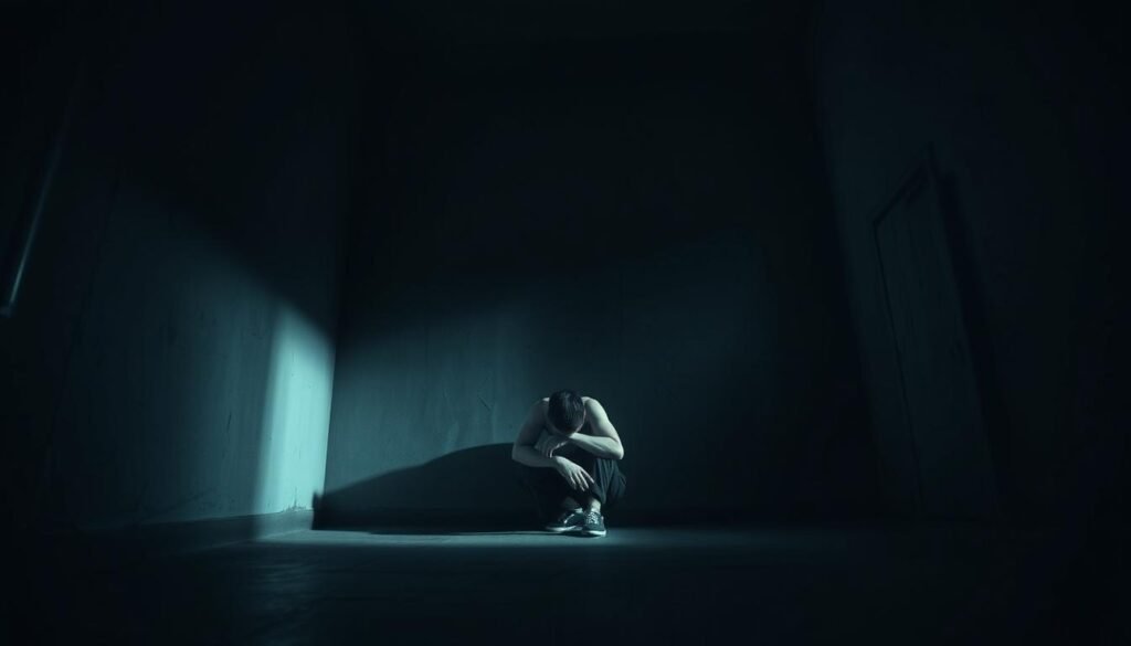 A dimly lit room, shadows looming over a figure cowering in the corner. Oppressive energy fills the air, a sense of powerlessness and control. Distorted perspectives, warped walls, and a claustrophobic atmosphere convey the psychological torment of coercive control. The subject's posture is tense, eyes downcast, trapped in a web of manipulation and fear. Muted colors, harsh lighting, and a sense of isolation amplify the bleak, suffocating nature of this reality. A narrative of subjugation and the erosion of autonomy unfolds, capturing the essence of "What Is Coercive Control? Defining the Pattern."