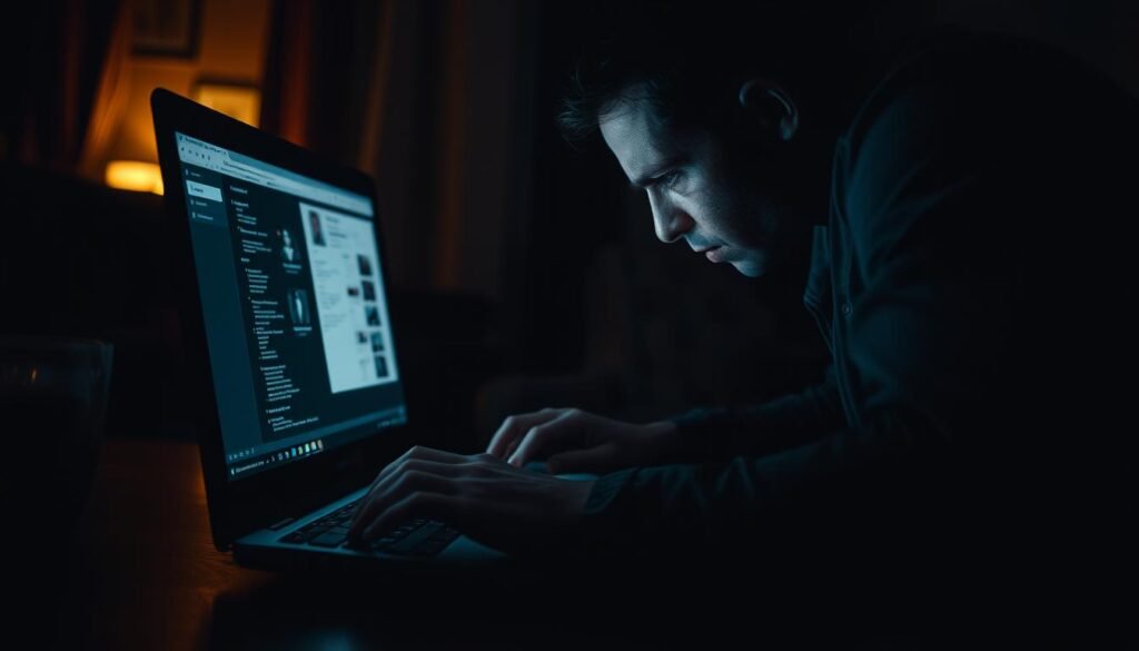 A dimly lit room, the glow of a laptop screen casting an eerie light on a shadowy figure hunched over the keyboard. Disembodied hands typing feverishly, eyes narrowed in concentration, a web of open windows and tabs reflecting the obsessive nature of the digital stalker. The background blurs, creating a sense of isolation and focus, as the stalker delves deeper into their target's online presence, scouring for every shred of information, every digital footprint to satisfy their twisted need for control.