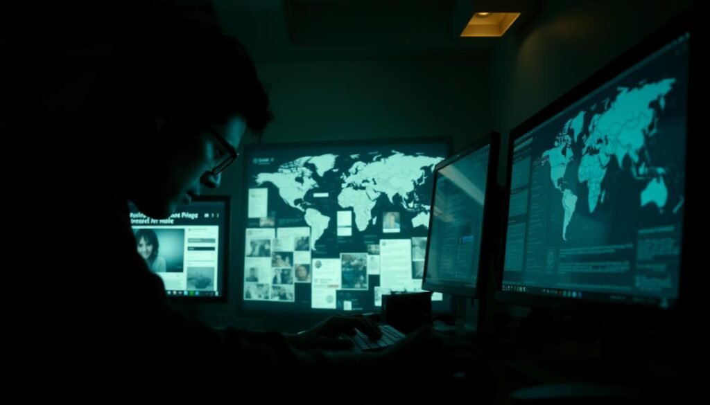 A dimly lit room, the glow of computer screens casting a soft, eerie light. In the foreground, a person hunched over a desk, fingers flying across the keyboard as they delve deeper into the digital rabbit hole, sifting through a labyrinth of online clues. The middle ground reveals a tangle of social media profiles, message boards, and news articles, each a piece of the puzzle they're meticulously assembling. In the background, a world map illuminates, hinting at the far-reaching scale of their investigation. The atmosphere is one of intensity, focus, and a relentless pursuit of the truth, as the internet sleuth unravels the mysteries of the digital age.