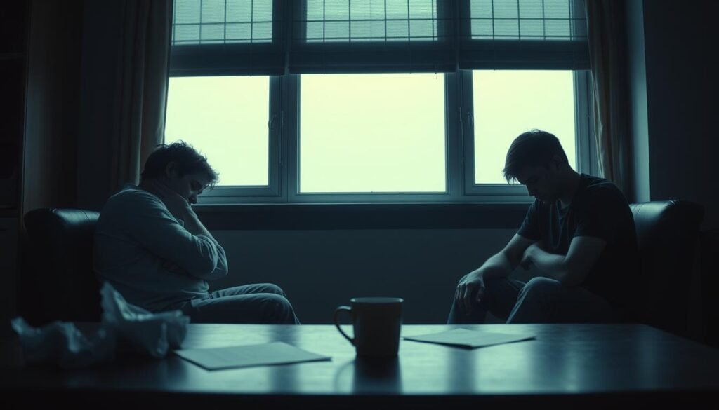 A dimly lit room, two figures sitting across from each other, one exuding a sense of exhaustion and overwhelm, the other emanating a deep melancholy. The burnout figure is slumped, shoulders sagging, head in hands, while the depressed figure stares blankly, eyes downcast. A subtle visual tension between the two, highlighting their distinct yet interrelated experiences. Soft, muted colors create a pensive atmosphere, emphasizing the emotional weight of the scene. Subtle details, like crumpled papers and a half-empty coffee mug, suggest the context of their struggles. The composition guides the viewer's gaze, inviting contemplation on the nuances between burnout and depression.