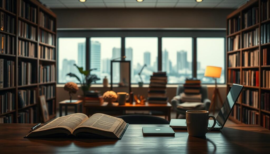 A dimly lit study room with bookshelves lining the walls, highlighting the intellectual pursuits of a psychology degree. In the foreground, a desk with an open textbook, a laptop, and a mug of coffee, conveying the dedication and diligence required. Soft, warm lighting illuminates the space, creating a contemplative atmosphere. In the middle ground, a collection of psychology-related artifacts, such as a brain model, a therapeutic couch, and a stack of research journals, symbolizing the diverse skills and knowledge gained. The background is slightly blurred, with a large window overlooking a cityscape, suggesting the versatility and practical applications of a psychology degree in the real world.