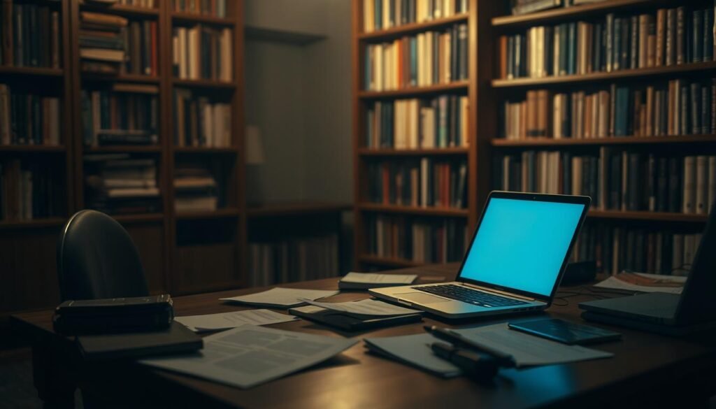 A dimly lit study with a wooden desk and chair, a laptop computer, and research materials scattered across the surface. The laptop screen emits a soft, bluish glow, casting an ethereal light on the surrounding objects. In the background, a bookshelf filled with volumes on psychology, technology, and human behavior. The overall atmosphere is one of contemplation and intellectual inquiry, reflecting the "Modern Screen Time Dilemma" and the need to understand the impact of screens on our lives. The scene is captured through a medium-wide angle lens, with soft, natural lighting illuminating the space.