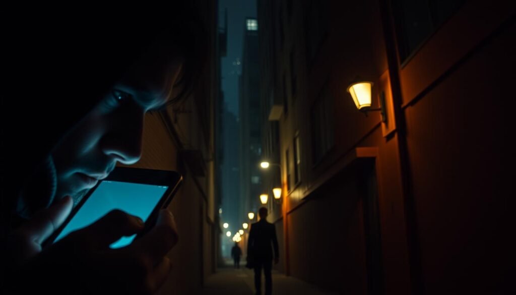 A dimly lit urban alleyway, cast in deep shadows and an eerie, unsettling atmosphere. In the foreground, a smartphone screen illuminates the face of a stalker, their eyes fixated on the device as they track their victim's location. In the middle ground, a dark figure lurks, silhouetted against the faint glow of streetlights, their intentions sinister. The background is a maze of towering buildings, their windows like watchful eyes, capturing the unfolding scene. The lighting is harsh, creating sharp contrasts and a sense of isolation, emphasizing the vulnerability of the victim and the predatory nature of the stalker. The overall tone evokes a sense of dread and the growing threat of technology-enabled harassment in the modern era.