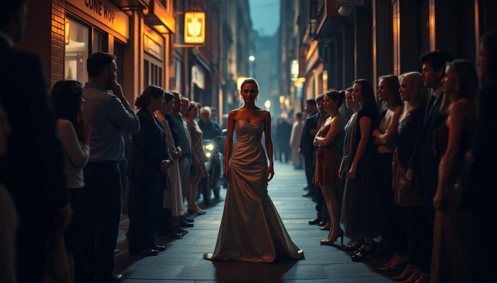 A dimly lit urban street corner, with a group of people gathered, some dressed in traditional attire, others in unconventional clothing. The central figure, a person in an elegant evening gown, stands tall and confident, meeting the curious and judgmental gazes of the onlookers. The lighting is soft and warm, casting shadows that highlight the contrast between the person's self-assurance and the uncertainty and discomfort of the crowd. The background is blurred, drawing the viewer's focus to the central scene, where the tension between societal norms and individual expression is palpable.