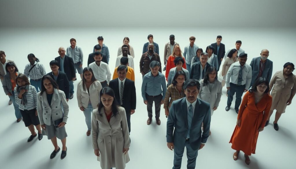 A diverse group of people standing in a grid formation, representing the concept of social categorization. The individuals are depicted with distinct visual identities, such as varying ages, ethnicities, genders, and styles of dress. The scene is captured with a wide-angle lens, emphasizing the sense of a structured social environment. Soft, diffused lighting creates a contemplative atmosphere, highlighting the nuanced relationships and boundaries between the individuals. The background is minimalistic, allowing the focus to remain on the diverse human elements and the implicit social dynamics at play. A diverse group of people standing in a grid formation, representing the concept of social categorization. The individuals are depicted with distinct visual identities, such as varying ages, ethnicities, genders, and styles of dress. The scene is captured with a wide-angle lens, emphasizing the sense of a structured social environment. Soft, diffused lighting creates a contemplative atmosphere, highlighting the nuanced relationships and boundaries between the individuals. The background is minimalistic, allowing the focus to remain on the diverse human elements and the implicit social dynamics at play.