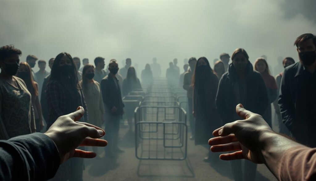 A diverse group of people standing together, their faces obscured by shadows, conveying a sense of unease and disconnection. In the foreground, a pair of hands reaching out, symbolizing the struggle against discrimination. The middle ground depicts a maze of barriers and obstacles, representing the systemic challenges faced by marginalized communities. The background is hazy and muted, evoking a sense of uncertainty and the pervasive nature of prejudice. Dramatic lighting casts dramatic shadows, emphasizing the weight and complexity of the issue. A somber, contemplative atmosphere permeates the scene, inviting the viewer to reflect on the profound impact of discrimination.