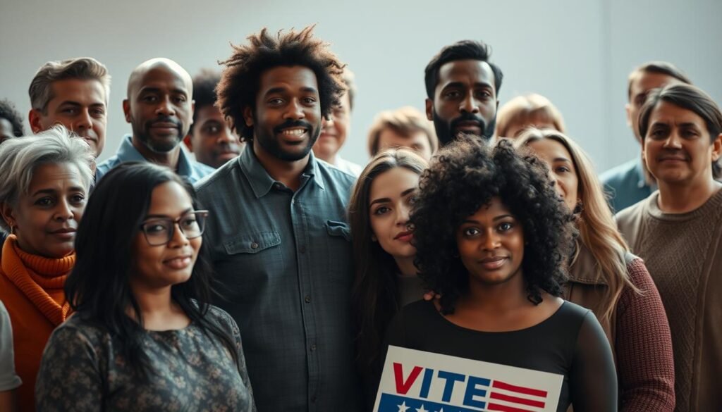A diverse group of people standing together, united in their collective identity and shared political beliefs. The foreground features a mix of individuals from different ages, ethnicities, and genders, their expressions conveying a sense of determination and solidarity. The middle ground showcases their shared symbols, such as campaign signs or protest banners, highlighting their common cause. The background is slightly blurred, emphasizing the focal point of the group's collective identity and its influence on their voting behavior. Soft, diffused lighting casts a unifying glow over the scene, creating a sense of harmony and purpose. Captured with a wide-angle lens to emphasize the group dynamic, the image conveys the power of social identity in shaping political engagement and decision-making. A diverse group of people standing together, united in their collective identity and shared political beliefs. The foreground features a mix of individuals from different ages, ethnicities, and genders, their expressions conveying a sense of determination and solidarity. The middle ground showcases their shared symbols, such as campaign signs or protest banners, highlighting their common cause. The background is slightly blurred, emphasizing the focal point of the group's collective identity and its influence on their voting behavior. Soft, diffused lighting casts a unifying glow over the scene, creating a sense of harmony and purpose. Captured with a wide-angle lens to emphasize the group dynamic, the image conveys the power of social identity in shaping political engagement and decision-making.