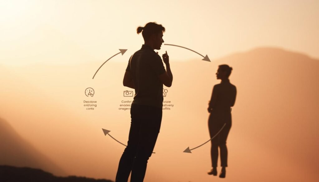 A dynamic, cyclical illustration of conflict resolution. In the foreground, two figures engaged in discussion, their postures open and bodies angled towards one another, conveying a sense of mutual understanding. The middle ground features a series of steps or phases, depicted through abstract icons and symbols, guiding the viewer through the process of resolving conflicts. The background is rendered in muted, earthy tones, creating a calming, introspective atmosphere that encourages contemplation. Soft, diffused lighting casts a gentle glow, highlighting the collaborative nature of the scene. The overall composition emphasizes the iterative, fluid nature of conflict resolution, inviting the viewer to consider its application in the context of couples therapy.