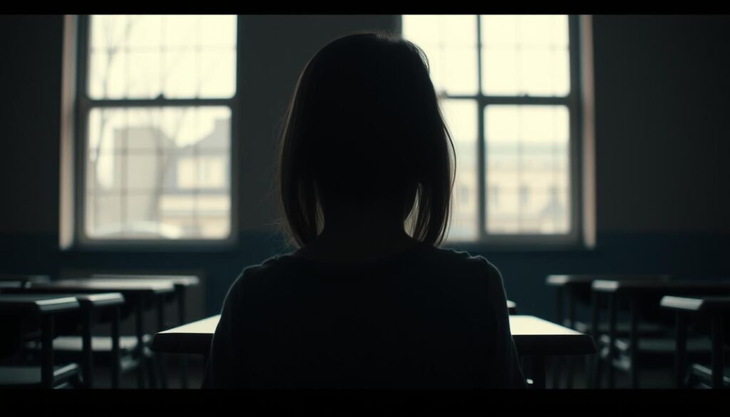 A girl, her head bowed, sits alone in a dimly lit classroom. Shadows cast across her face, reflecting the inner turmoil of a late autism diagnosis. The room is sparse, desks and chairs abandoned, emphasizing her isolation. Through a window, the world outside blurs, a metaphor for the missed opportunities and misunderstood struggles. Muted tones and soft lighting evoke a somber, contemplative mood, underscoring the consequences of delayed understanding and support. A sense of melancholy permeates the scene, a visual representation of the challenges faced by autistic girls whose needs go unrecognized. A girl, her head bowed, sits alone in a dimly lit classroom. Shadows cast across her face, reflecting the inner turmoil of a late autism diagnosis. The room is sparse, desks and chairs abandoned, emphasizing her isolation. Through a window, the world outside blurs, a metaphor for the missed opportunities and misunderstood struggles. Muted tones and soft lighting evoke a somber, contemplative mood, underscoring the consequences of delayed understanding and support. A sense of melancholy permeates the scene, a visual representation of the challenges faced by autistic girls whose needs go unrecognized.