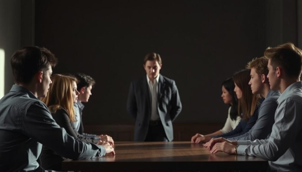 A group of individuals seated around a table, their faces turned towards a central figure standing before them. The lighting is soft, casting subtle shadows that accentuate the tension in the room. The central figure appears confident, their body language commanding attention, while the seated individuals display subtle expressions of uncertainty and conformity. The background is blurred, drawing the viewer's focus to the central interaction, a visual representation of the Asch conformity experiment, where group pressure can influence individual decision-making.