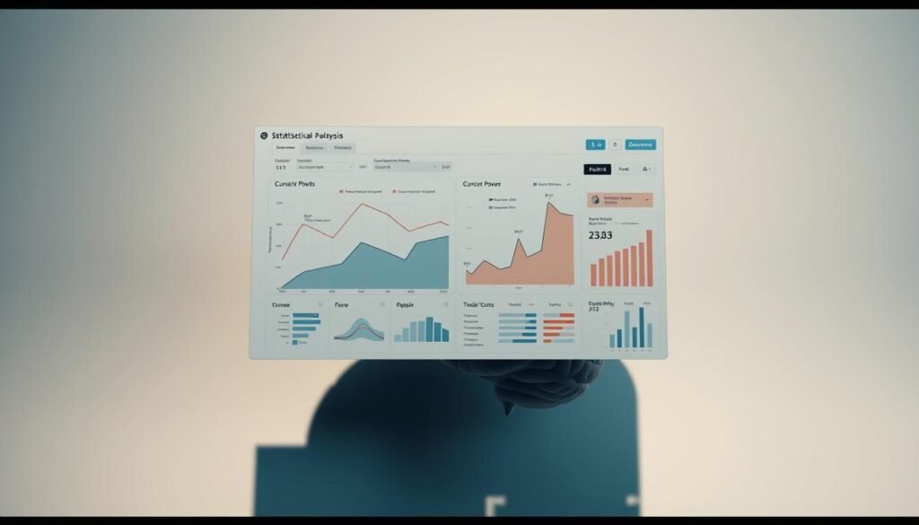 A high-contrast data visualization dashboard floating against a soft, minimalist backdrop. In the foreground, a clean statistical chart depicting curves, scatter plots, and other visual analytics. Behind it, a shadowy 3D model of a human brain, representing the cognitive processes underlying statistical power. Dramatic side lighting casts sharp shadows, emphasizing the interdependence of data and psychology. The overall atmosphere is one of scientific rigor and intellectual depth, inviting the viewer to delve into the fundamentals of statistical power analysis.