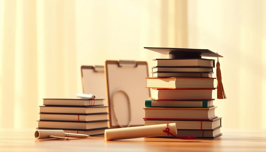 A meticulously composed illustration of the educational requirements for licensed therapists, showcased against a softly blurred background. In the foreground, a stack of books and a diploma symbolize the academic achievements necessary. The middle ground displays a variety of clinical tools, such as a clipboard, a pen, and a notepad, hinting at the practical skills required. Warm, directional lighting casts subtle shadows, creating a contemplative atmosphere befitting the subject matter. The overall scene conveys the multifaceted nature of the psychology profession, striking a balance between scholarly pursuit and hands-on clinical practice.