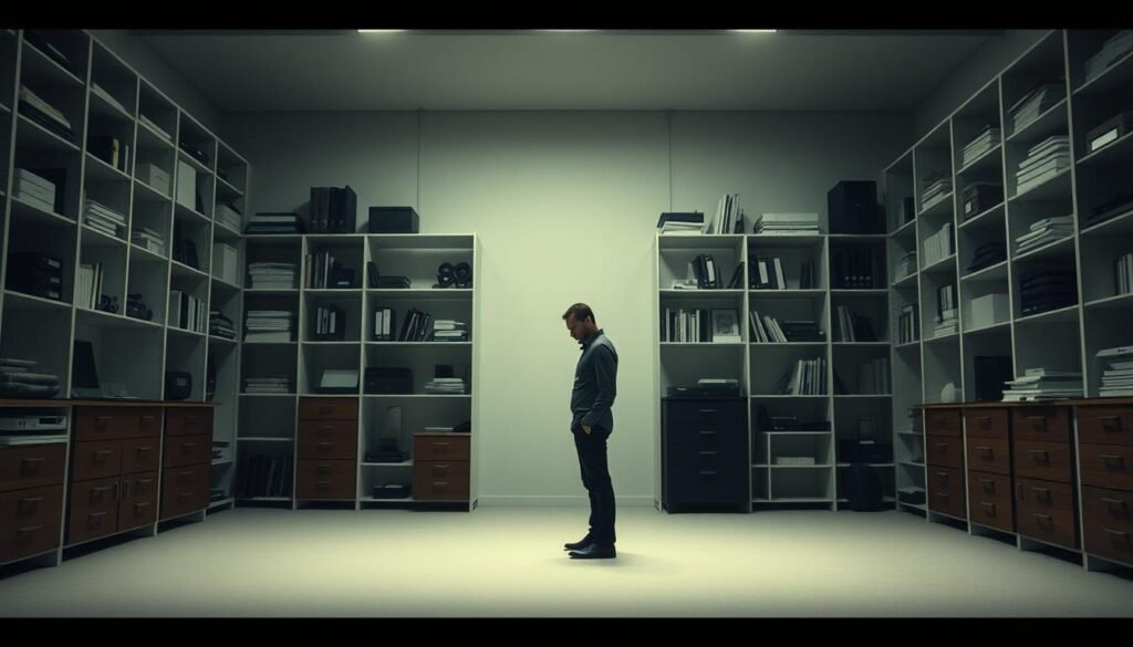 A meticulously organized room, surfaces free of clutter, every item precisely arranged. A lone figure stands amidst the order, brow furrowed, fixated on the symmetry of the space. Soft, diffused lighting casts long shadows, emphasizing the rigidity of the scene. The atmosphere is tense, a sense of unease permeating the carefully curated environment. The figure's expression reflects an internal struggle, a need for control that borders on the obsessive. This is the visual embodiment of Obsessive-Compulsive Personality Disorder - a quest for perfection that leaves no room for imperfection.