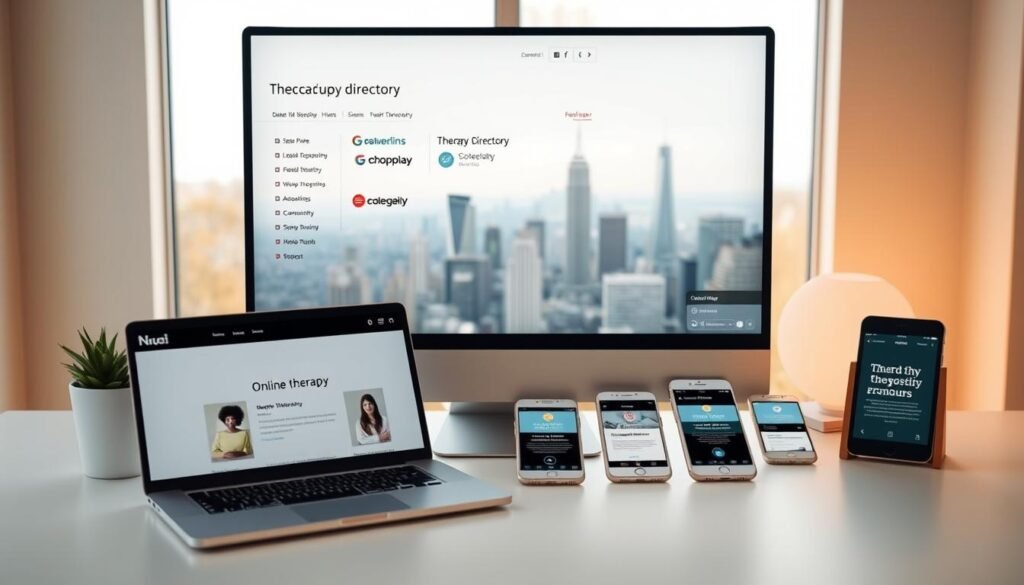 A modern, minimalist digital interface showcasing a variety of online therapy directory options. In the foreground, a clean desktop with a laptop displaying a curated list of different therapy directory websites, each with distinct branding and visual styles. In the middle ground, various mobile devices arranged neatly, each showing a therapy directory app. The background features a soft, blurred cityscape, hinting at the accessible, remote nature of online therapy. Warm, natural lighting illuminates the scene, creating a sense of professionalism and approachability. The overall atmosphere conveys the ease and convenience of finding a therapist through these online directories.