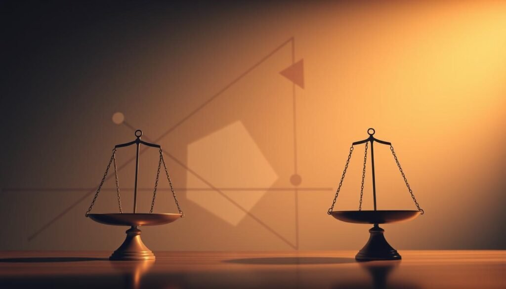 A modern, minimalist visualization of "power analysis psychology" captured through a wide-angle lens. In the foreground, a pair of balanced scales symbolize the core concepts of statistical power and effect size. The middle ground features abstract geometric shapes and lines, representing the mathematical and analytical aspects of the field. In the background, a serene, muted color palette evokes a sense of contemplation and intellectual depth. Warm, directional lighting casts subtle shadows, adding depth and dimensionality to the scene. The overall composition conveys the importance of power analysis in psychological research and its applications in understanding human behavior.