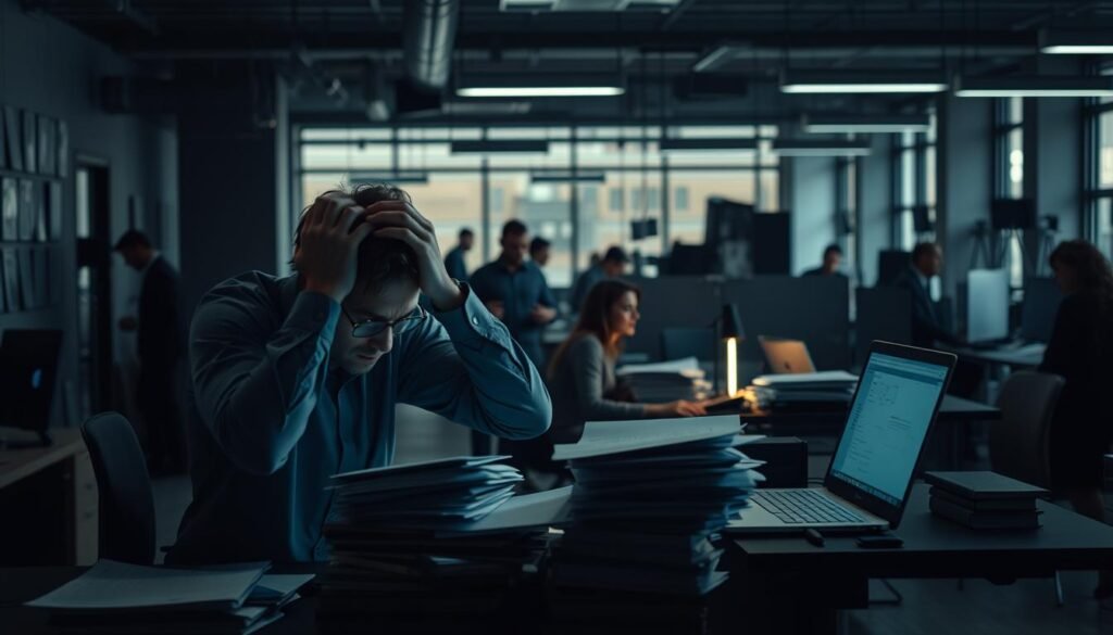 A modern open-concept office setting, dimly lit with a somber atmosphere. In the foreground, a stressed-out employee hunched over their desk, hands clutching their head as they grapple with a towering pile of documents and a glowing laptop screen. The middle ground reveals co-workers exhibiting similar signs of strain - fidgeting, eyes strained, and expressions tense. In the background, the space is cluttered with haphazard furniture and a sense of disorganization, contributing to the overwhelming feeling of workplace pressure. Muted colors, shadows, and a shallow depth of field create a claustrophobic, high-stress environment.
