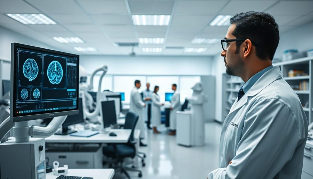 A modern, well-lit neuropsychology laboratory with state-of-the-art equipment. In the foreground, a neuroscientist in a white lab coat carefully examines a brain scan displayed on a high-resolution monitor. In the middle ground, a team of researchers collaborate, analyzing data and discussing their findings. The background features a diverse array of medical imaging devices, computers, and reference materials, conveying the intellectual rigor and technical expertise of the field. The overall atmosphere is one of focused professionalism, scientific inquiry, and the pursuit of understanding the complexities of the human brain.