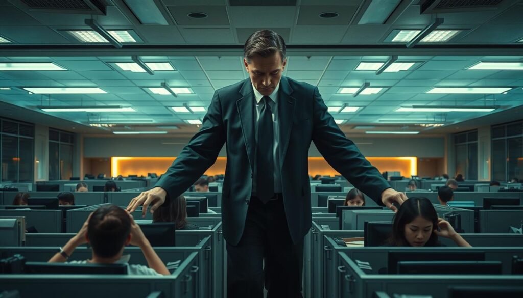 A narcissistic executive dominates an open-plan office, their imposing presence casting a shadow over the cubicles below. Sleek, modern furniture and chrome accents suggest a facade of sophistication, but an undercurrent of tension and discomfort permeates the space. Employees avert their gaze, their body language conveying unease as the narcissist's piercing stare scrutinizes their every move. The lighting is a blend of harsh overhead fluorescents and warm, indirect accent lighting, creating an atmosphere of both formality and unease. A wide-angle lens captures the grand scale of the workspace, emphasizing the power dynamics at play.