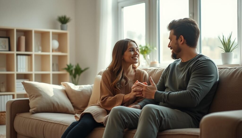 A peaceful and serene living room setting, with a couple sitting on a plush sofa, engaged in a heartfelt conversation. Soft, natural lighting filters through large windows, creating a warm and inviting atmosphere. The couple's hands are clasped, their gazes locked, conveying a deep sense of connection and appreciation for one another. In the background, a minimalist bookshelf and a few potted plants add to the cozy and soothing ambiance, reflecting the couple's shared appreciation for simplicity and mindfulness. The overall scene captures the essence of a daily appreciation practice, where partners take the time to express gratitude and nurture their bond.