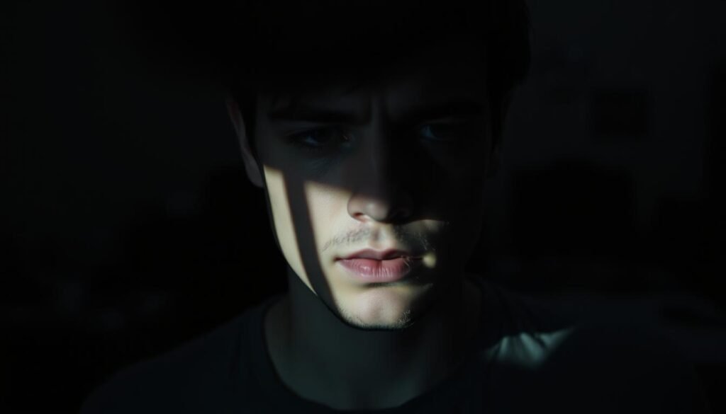 A pensive, introspective self-portrait of a person in a dimly lit room, struggling with the dissonance between their internal identity and external presentation. The subject's face is partially obscured, casting deep shadows that convey a sense of emotional turmoil. The background is blurred, with hints of personal objects or symbols that suggest the complexity of their journey. The lighting is moody, creating a somber and contemplative atmosphere. The composition emphasizes the subject's isolation and the weight of their internal experience. The image evokes the profound sense of disconnect and the search for understanding inherent in the concept of gender dysphoria.