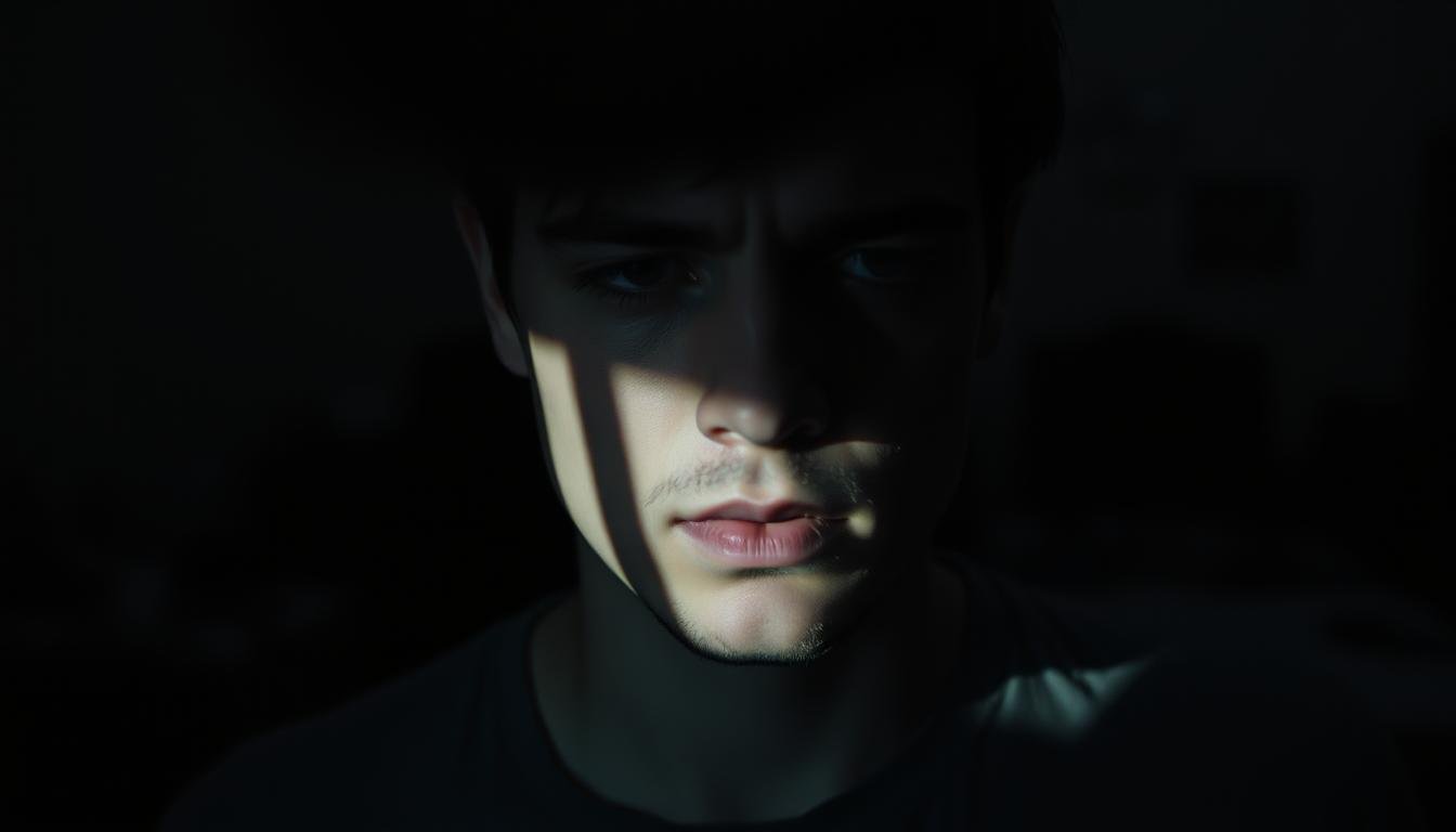 A pensive, introspective self-portrait of a person in a dimly lit room, struggling with the dissonance between their internal identity and external presentation. The subject's face is partially obscured, casting deep shadows that convey a sense of emotional turmoil. The background is blurred, with hints of personal objects or symbols that suggest the complexity of their journey. The lighting is moody, creating a somber and contemplative atmosphere. The composition emphasizes the subject's isolation and the weight of their internal experience. The image evokes the profound sense of disconnect and the search for understanding inherent in the concept of gender dysphoria.