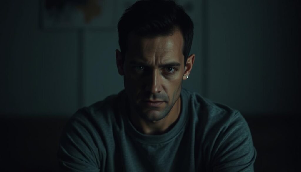 A pensive person sits in a dimly lit room, their face etched with the weight of their PTSD diagnosis. Soft, diffused lighting casts shadows that accentuate the haunted expression, hinting at the internal turmoil. The background is muted, with hints of muted colors and abstract shapes, conveying a sense of emotional isolation. The overall atmosphere is somber, introspective, and evocative of the complex experience of living with post-traumatic stress disorder.