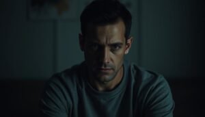A pensive person sits in a dimly lit room, their face etched with the weight of their PTSD diagnosis. Soft, diffused lighting casts shadows that accentuate the haunted expression, hinting at the internal turmoil. The background is muted, with hints of muted colors and abstract shapes, conveying a sense of emotional isolation. The overall atmosphere is somber, introspective, and evocative of the complex experience of living with post-traumatic stress disorder.