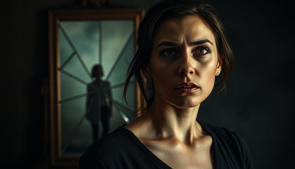 A pensive woman stands in the foreground, her expression torn between jealousy and trust. Her gaze is fixed on a distant figure, as if torn between the desire to confront and the need to believe. In the middle ground, a shattered mirror reflects the fragmented nature of her emotions, the cracks symbolizing the delicate balance between passion and doubt. The background is shrouded in a moody, atmospheric haze, evoking the psychological turmoil that underlies the complex dynamics of relationships. The lighting is dramatic, casting shadows that accentuate the subject's internal conflict. The overall composition and mood convey the powerful emotions and psychological underpinnings of jealousy in interpersonal relationships.