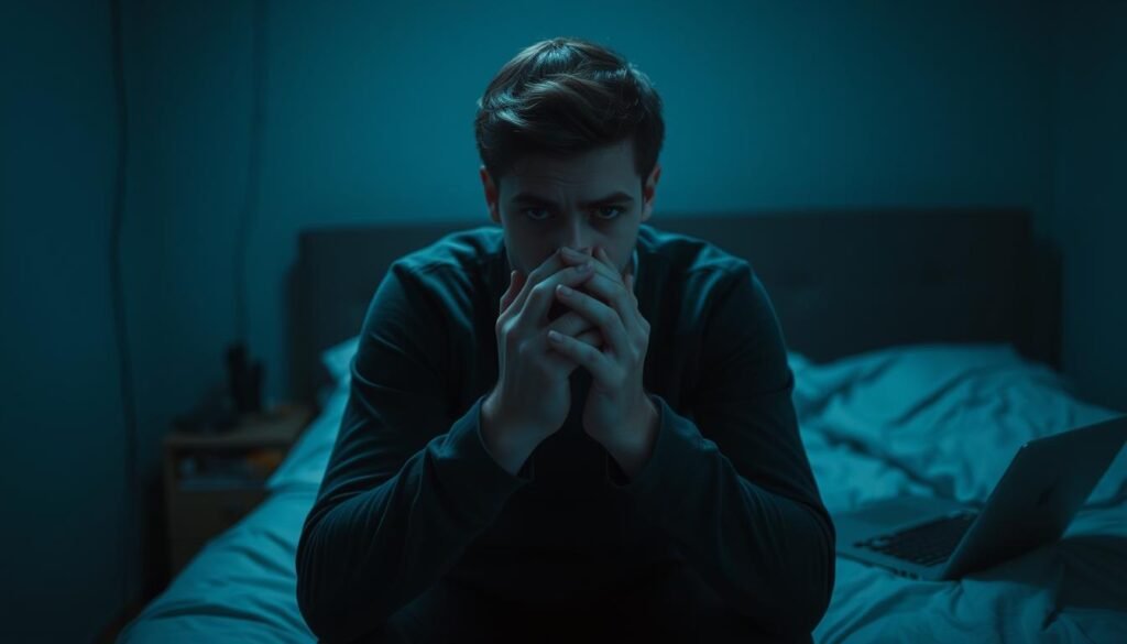 A person sitting on the edge of their bed, hands clasped tightly, eyes filled with anxiety and uncertainty. The room is dimly lit, with a sense of unease and isolation. The individual's face is partially obscured, conveying the internal turmoil of health-related concerns. In the background, a laptop or smartphone lies nearby, symbolizing the modern tendency to obsessively research symptoms online. The atmosphere is somber, with muted colors and shadows, reflecting the weight of this "modern epidemic of health anxiety." The composition emphasizes the individual's isolation and the overwhelming nature of their worries.