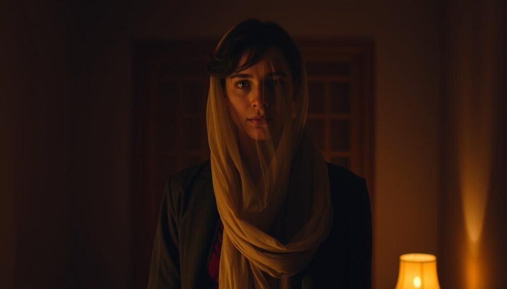 A person standing in a dimly lit room, their face partially obscured by a sheer, flowing scarf. Their clothing is a mix of traditionally masculine and feminine elements, expressing a unique sense of self-identity. The lighting is warm and soft, creating an intimate, reflective atmosphere. The background is blurred, allowing the focus to remain on the central figure and their self-expression. The overall mood is one of introspection, vulnerability, and the empowerment that comes from embracing one's true self.
