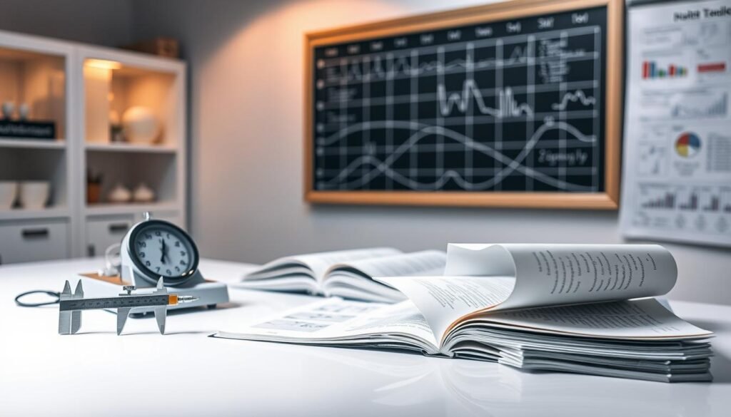 A pristine laboratory table, illuminated by soft, diffused lighting, showcases an array of psychology measurement tools. In the foreground, a finely crafted caliper and a meticulously calibrated scale sit atop a crisp white surface, their precision embodying the rigor of psychological science. In the middle ground, a series of carefully designed questionnaires and assessment forms are neatly organized, their pages filled with insightful questions that delve into the intricacies of the human mind. In the background, a chalkboard or whiteboard displays a grid of graphs and charts, visualizing the data collected through these meticulous measurement techniques. The atmosphere is one of quiet contemplation, where the pursuit of understanding the complexities of human behavior is evident in every detail.
