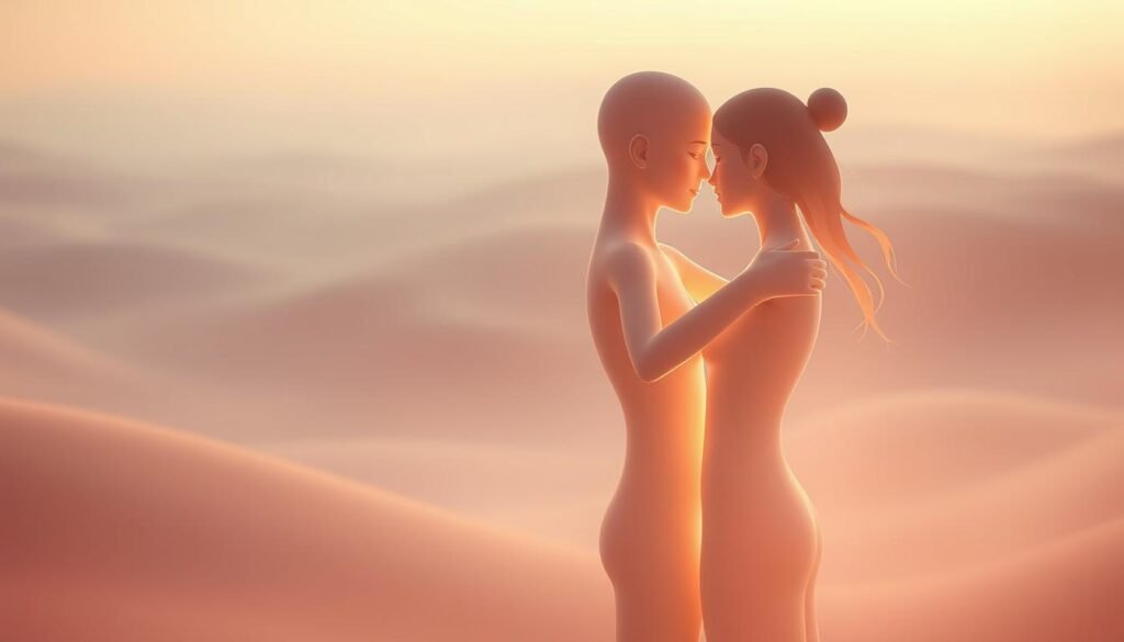A serene, pastel-hued scene depicting the psychological foundations of love languages. In the foreground, two abstract human figures intertwined, their forms blending seamlessly to symbolize emotional intimacy. Soft lighting casts a warm, ethereal glow, creating an atmosphere of vulnerability and connection. In the middle ground, flowing shapes and lines represent the complex interplay of needs, desires, and communication that underpins healthy relationships. The background features a subtle, dreamlike landscape, evoking the subconscious realm where our most profound human experiences reside. Rendered with a delicate, painterly aesthetic to capture the nuanced, intangible nature of the psychology of love.