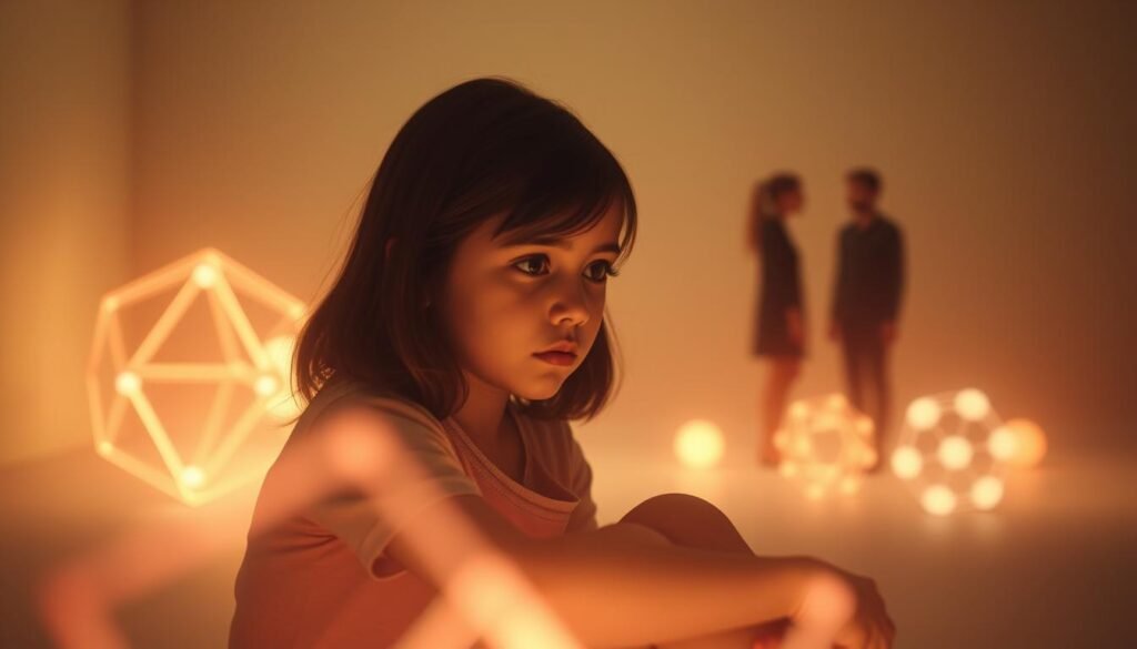 A serene, pastel-toned scene depicting the hidden reality of autism diagnosis disparities in girls. In the foreground, a young girl sits introspectively, her expression pensive, surrounded by subtly glowing geometric shapes that represent the complexities of her inner world. In the middle ground, blurred figures in the background suggest the missed signs and late diagnoses often faced by autistic girls, their silhouettes casting a sense of isolation and marginalization. Soft, diffused lighting casts a dreamlike atmosphere, conveying the fragility and nuance of this often overlooked aspect of the autism spectrum. Warm, muted tones evoke a sense of empathy and understanding. A serene, pastel-toned scene depicting the hidden reality of autism diagnosis disparities in girls. In the foreground, a young girl sits introspectively, her expression pensive, surrounded by subtly glowing geometric shapes that represent the complexities of her inner world. In the middle ground, blurred figures in the background suggest the missed signs and late diagnoses often faced by autistic girls, their silhouettes casting a sense of isolation and marginalization. Soft, diffused lighting casts a dreamlike atmosphere, conveying the fragility and nuance of this often overlooked aspect of the autism spectrum. Warm, muted tones evoke a sense of empathy and understanding.