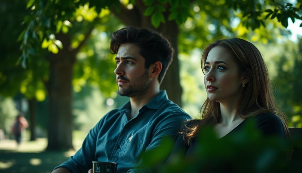 A serene, sun-dappled scene of two individuals, one male and one female, sitting side-by-side on a park bench. Their expressions convey a pensive, introspective mood as they contemplate the complex dynamics between gender and mental health. The foreground is sharply focused, while the background is softly blurred, evoking a sense of privacy and intimacy. Subtle lighting accentuates the individuals' facial features, casting delicate shadows that suggest an underlying emotional depth. The composition is balanced, with the two figures occupying the central space and the lush, verdant foliage framing the scene. An aura of quiet contemplation pervades the image, inviting the viewer to consider the multifaceted relationship between one's sense of gender and the nuances of mental well-being.