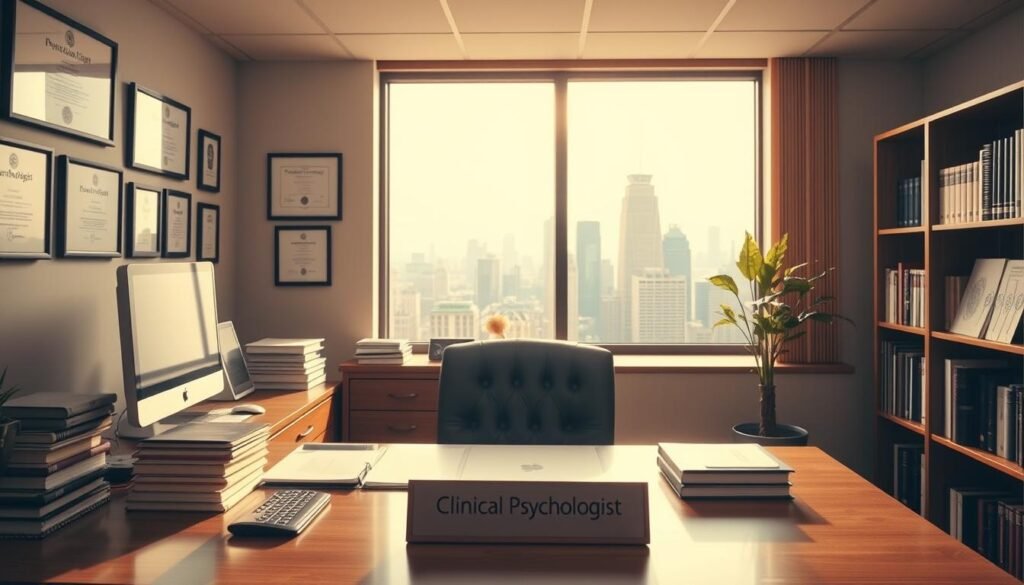A serene, well-lit office setting with a large window overlooking a cityscape. In the foreground, a desk with a computer, books, and a nameplate reading "Clinical Psychologist". On the walls, diplomas and certificates, and a bookshelf with psychological journals and reference materials. A comfortable leather chair is positioned in front of the desk, suggesting a space for patient consultations. The lighting is warm and inviting, creating a professional yet calming atmosphere. The overall impression conveys the expertise, success, and specialized knowledge of a clinical psychologist in a lucrative, in-demand field.