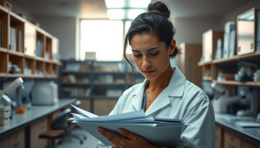 A serene, well-lit research laboratory, with clean, minimalist workstations and a backdrop of bookshelves and scientific equipment. At the center, a scholar ponders a stack of papers, their face reflecting deep contemplation. Soft, diffused lighting casts a warm glow, highlighting the thoughtful expression and the sense of ethical responsibility. The overall atmosphere conveys a reverence for the scientific process and a commitment to upholding the highest standards of research integrity.