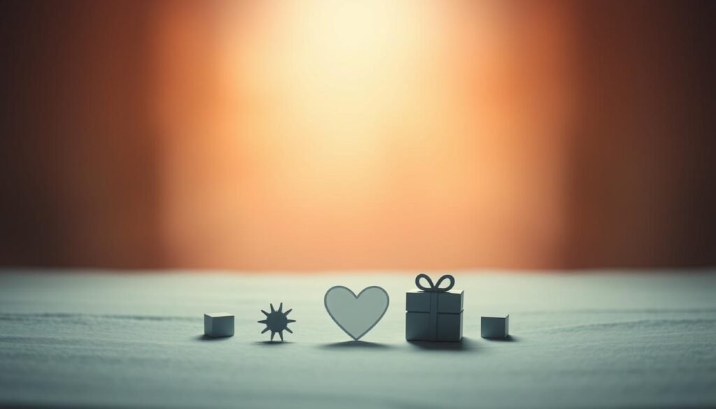 A serene, well-lit scene depicting the five love languages: acts of service, quality time, physical touch, words of affirmation, and gifts. The composition features a central vignette with symbolic representations of each language, surrounded by a soft, muted color palette and gentle lighting. The foreground contains stylized icons or objects representing the five love languages, arranged in a harmonious and visually pleasing layout. The middle ground features a neutral, warm-toned background that provides a sense of depth and context, while the background showcases a softly blurred, dreamlike setting that evokes a sense of introspection and contemplation. The overall mood is tranquil, thoughtful, and conducive to understanding the concept of love languages.