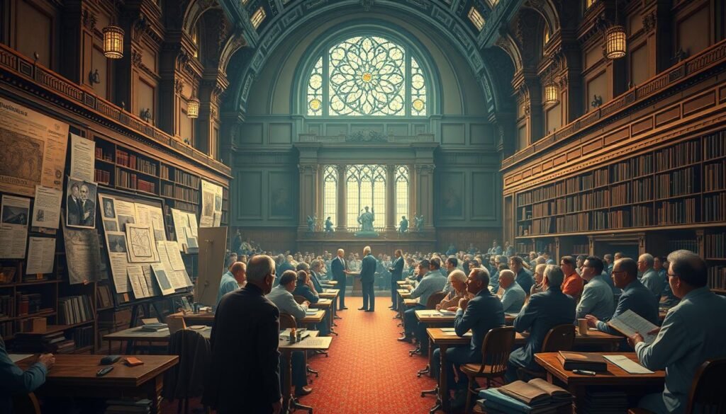 A series of intricately detailed illustrations showcasing the historical evolution of communication research, presented in a lush, academic setting. In the foreground, a timeline of key discoveries and breakthroughs, with vintage photographs, diagrams, and handwritten notes. In the middle ground, scholars engaged in animated discussions, surrounded by bookshelves and scientific instruments. The background features a grand lecture hall, with ornate architecture and a stained glass window casting a warm, contemplative glow. The overall mood is one of intellectual curiosity, scientific rigor, and the steady march of progress in the understanding of human communication. A series of intricately detailed illustrations showcasing the historical evolution of communication research, presented in a lush, academic setting. In the foreground, a timeline of key discoveries and breakthroughs, with vintage photographs, diagrams, and handwritten notes. In the middle ground, scholars engaged in animated discussions, surrounded by bookshelves and scientific instruments. The background features a grand lecture hall, with ornate architecture and a stained glass window casting a warm, contemplative glow. The overall mood is one of intellectual curiosity, scientific rigor, and the steady march of progress in the understanding of human communication.