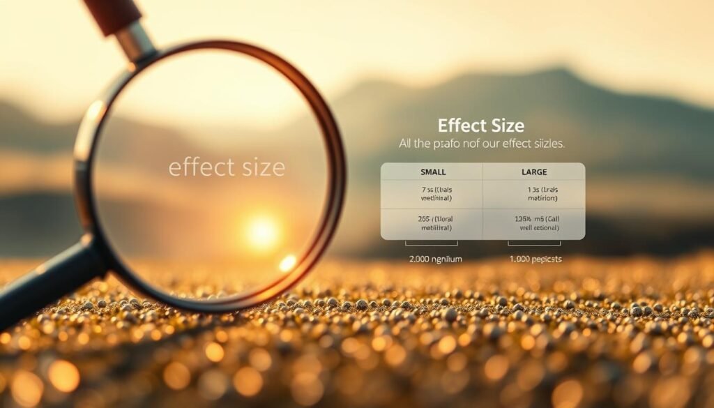 A sophisticated illustration of the concept of "effect size" in psychological research. In the foreground, a magnifying glass hovers, its lens casting a focused beam of light onto a field of meticulously rendered data points, each representing the magnitude of an effect. The middle ground features a clean, minimalist infographic, depicting the key statistical measures and thresholds that define small, medium, and large effect sizes. The background is a softly blurred landscape, evoking the calm, contemplative atmosphere of scientific inquiry. Warm, natural lighting illuminates the scene, creating a sense of clarity and depth. The overall composition conveys the importance of carefully considering effect sizes when designing and interpreting psychological studies.