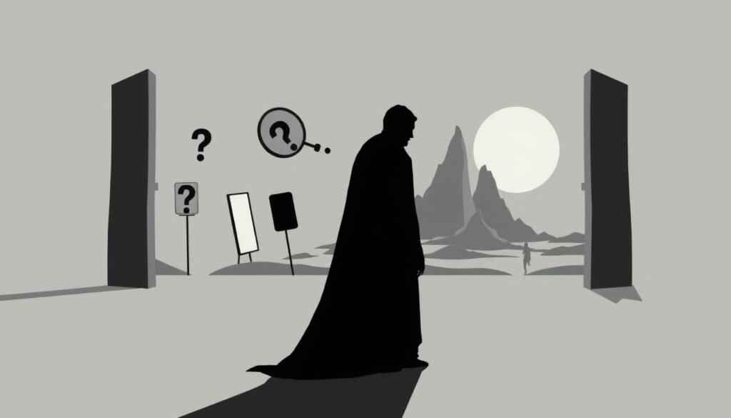 A stark, minimalist illustration depicting 10 common gaslighting tactics. In the foreground, a shadowy figure manipulates a person's perceptions, represented by abstracted symbols like question marks, mirrors, and distorted reflections. The middle ground features a fractured, disorienting landscape, with warped perspectives and shifting visual cues. The background is a muted, monochromatic void, amplifying the sense of isolation and psychological distress. Harsh, unforgiving lighting casts harsh shadows, emphasizing the power imbalance and psychological turmoil. The overall tone is one of deception, disorientation, and the erosion of reality, capturing the essence of the gaslighting experience.